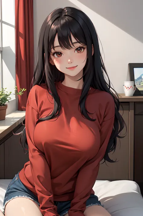 1lady solo, mature female, /(simple red sweatshirt/), /(black hair/) bangs, blush kind smile, (masterpiece best quality:1.2) del...