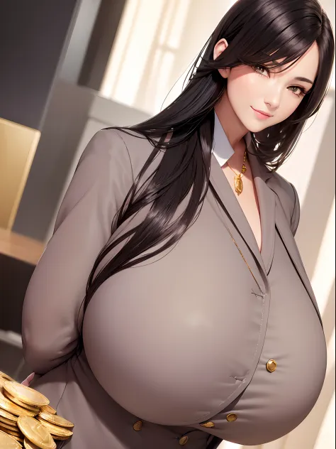 Young dark-haired female CEO, Gentle smile,(huge bust:1.5),The background is a securities company with many staff、Rich woman、Scattered gold coins and dollar bills、