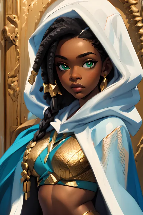 (Best quality, Masterpiece:1.2), Ultra detailed, 1girll, Black skin，negroid，Dirty braids，Green eyes，Gold earrings，White hood，nab...