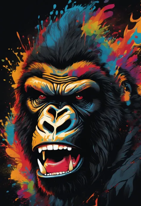 graffiti style An Angry King Kong is surrounded by colorful paint, open mouth, big fire, liquid wave, Layered style, curved design, black background . street art, vibrant, urban, detailed, tag, mural