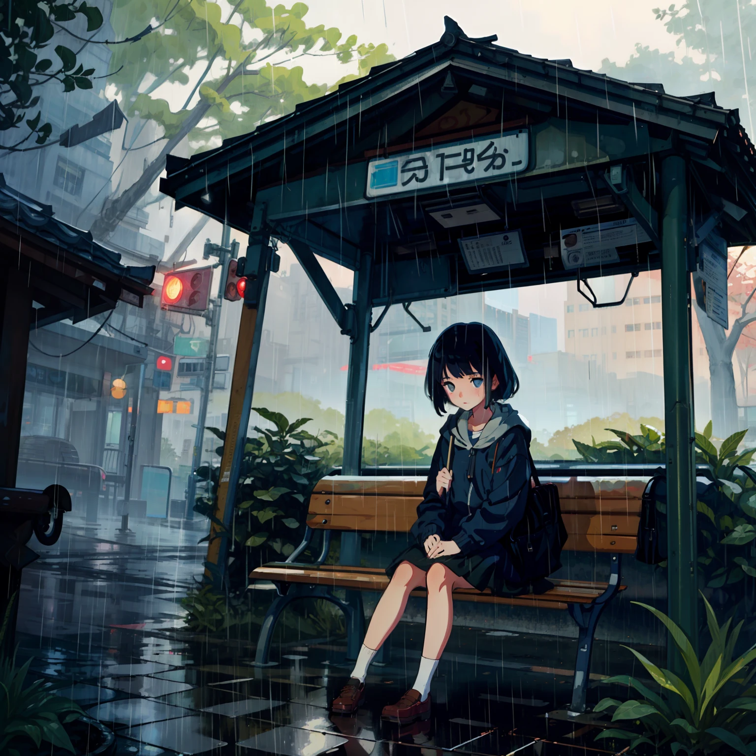 иллюстрированный плакат、Девушка прячется под дождем на автобусной остановке в лесу、теплый свет、зонтики、скамейки、высшее качество、(шедевр:1.1
