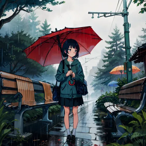 illustrated poster、Girl hiding in the rain at a bus stop in the forest、umbrellas、Benches、top-quality、(​masterpiece:1.1