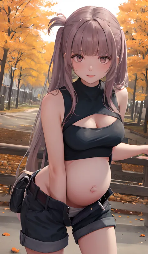 outfit-nanakusa, 1girl,bare arms, bent over,solo,in autumn,long hair,hair over shoulder,looking at viewer,cowboy shot, squat, pregnant