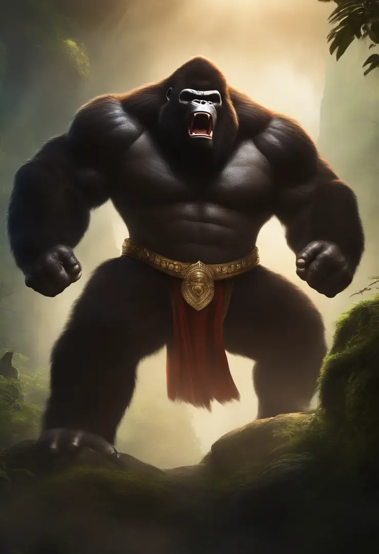 big ape , looks like a giant king kong, has standing hair, is screaming, is wearing armor of a Saiyajin character