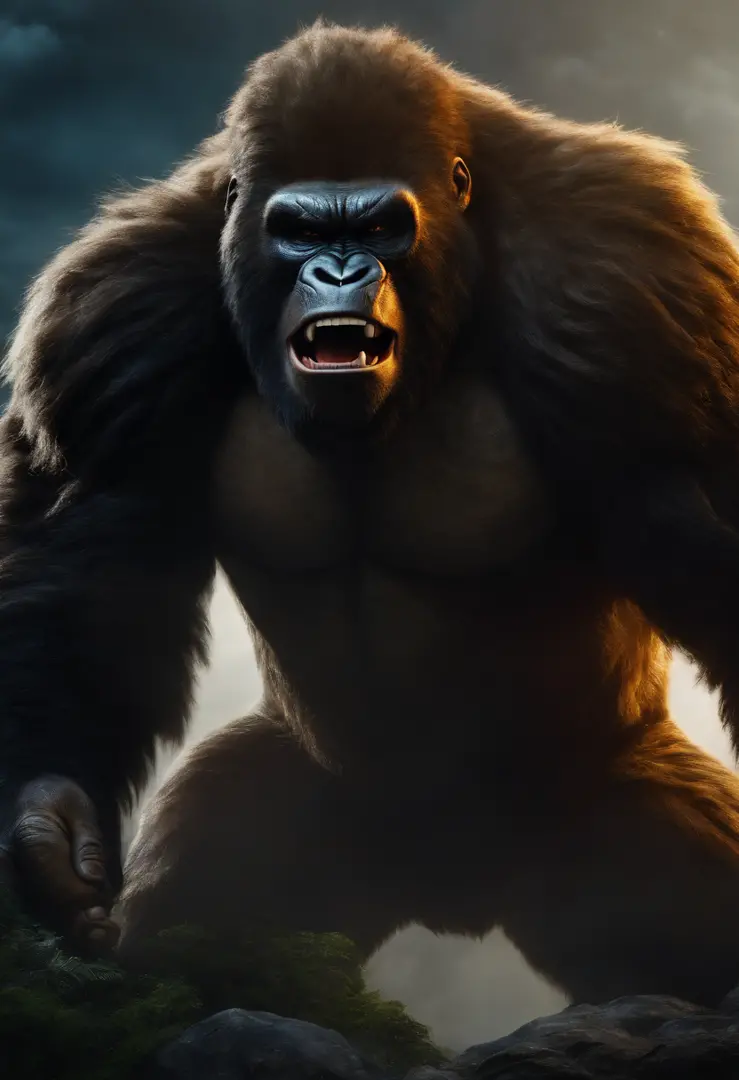 big ape , looks like a giant king kong, has standing hair, is screaming, is wearing armor of a Saiyajin character