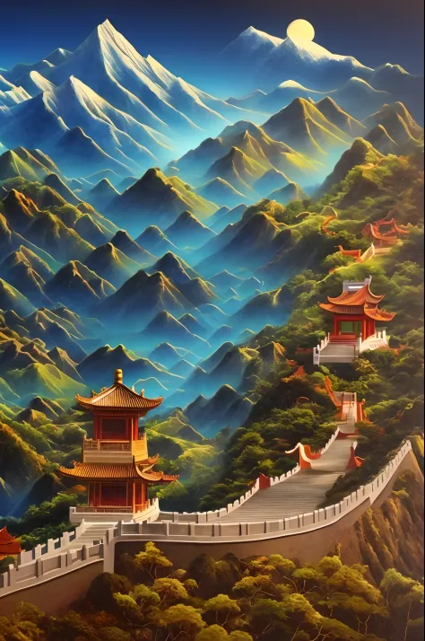 Chinese architecture，gardens，mountain water，Sea of Clouds，arte em papel cortado，Artistically，Works of masters，HighestQuali