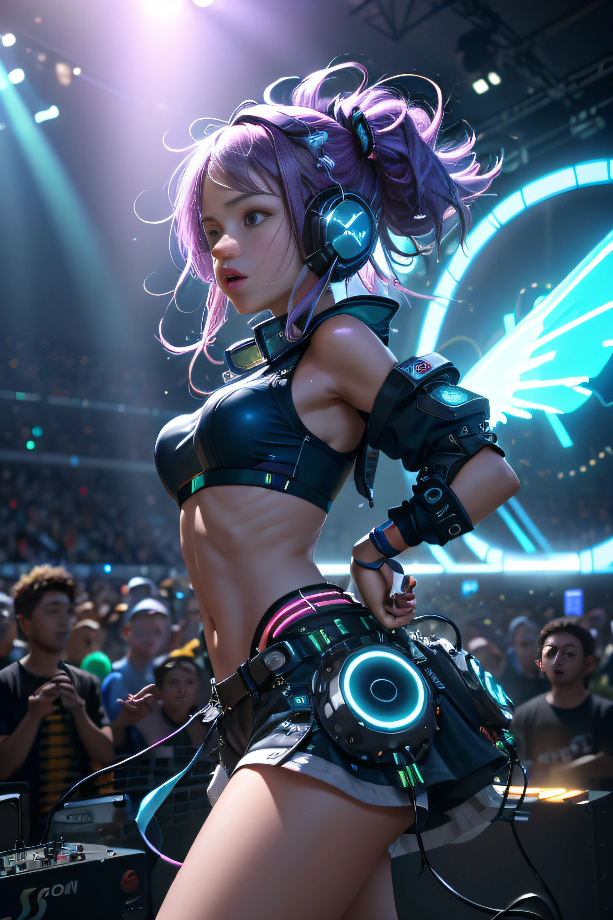 (masutepiece:1.3),(Best Quality:1.2),8K,absurderes,Unity 8K Wall Papper,(Extremely detailed:1.3),highest grade,Realistic, Blurry background, Blurred foreground, 
(1girl in:1.2),(headphones:1.1),(Neon light:1.1),Mechanical headwear,(mechanical wings:1.1),frown,(Dynamic Pose:1.1),(Floating hair:1.2),(nffsw:1.2),(psychedelic:1.2),Dynamic Pose,(electric wires:1.1),(llight rays:1.2),Half closed eyes,(Blue glowing eyes),Midriff,Dim,(Music:1.2),cables,god rays,(Indoors:1.2),From Side,(musical instrument:0.7),fanaticism,Passionate,Energetic,Formidable,eletrizante,invigorating,Dynamic,Thrilling,Explosive,arouse,(Large crowds:1.2),llight rays,,Neon light,electric fan, (electricity:1.2), (electronic music:1.1),(Sound Mixing:1.3),