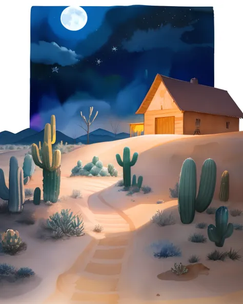 high quality concept art of a moonlit desert, full moon, silver stars, midnight, (scenery)+, (watercolor painting)+, sand dunes,...