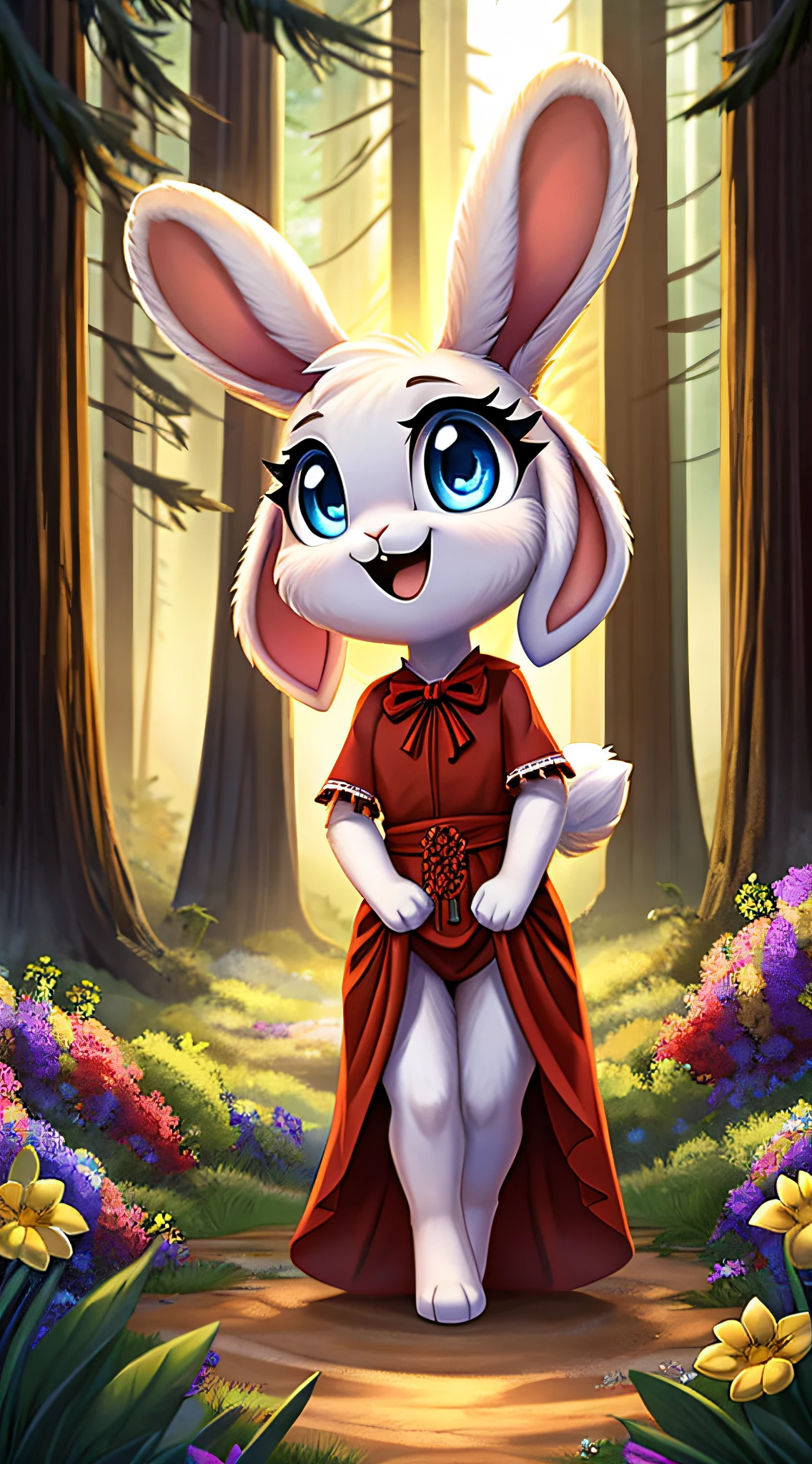 zoomed out image, fantasy style art, cute, adorable, short character, small, tiny little fluffy female white bunny with blue eyes, 4 ears, 2 extra ears, big floppy ears, long ears, ears perked up, raised ears, long eyelashes, poofy rabbit tail, wearing a red frilly ribbon dress, smiling, standing in a redwood forest, big expressive smile, open mouth, wide eyes, excited eyes, excited face, stunning visuals, sunlight coming through the redwood trees, flowers scattered in the bushes, digital illustration