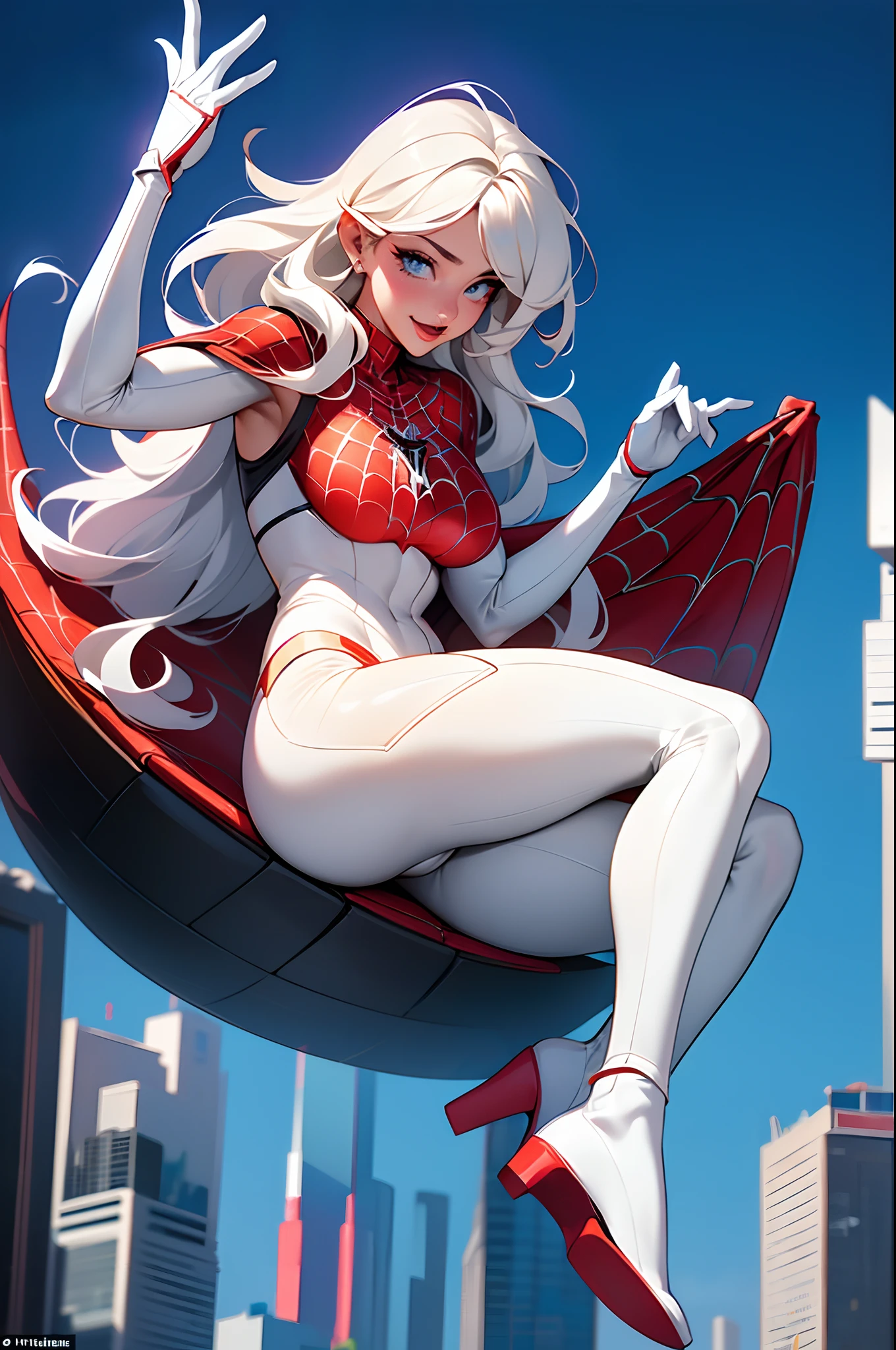 (Obra maestra, resolución 4k, Ultrarrealista, Muy detallado), (Tema de superhéroe blanco, carismático, hay una chica en la cima de la ciudad, vistiendo disfraz de Spider-Man, ella es una superheroína), [ ((25 años), (pelo largo y blanco:1.2), cuerpo completo, (blue eyes:1.2), ((Postura del hombre araña),demostración de fuerza, saltando de un edificio a otro), ((entorno urbano arenoso):0.8)| (paisaje urbano, por la noche, luces dinámicas), (Luna llena))] # Explicación: El mensaje describe principalmente una pintura 4K de ultra alta definición., muy realista, Muy detallado. Muestra una superheroína en lo alto de la ciudad., vistiendo un disfraz de Spider-Man. El tema de la pintura es un tema de superhéroe blanco., the female protagonist has pelo largo y blanco, is 25 años old and her entire body is shown in the painting. En términos de retratar las acciones de las superheroínas., se emplean arañas