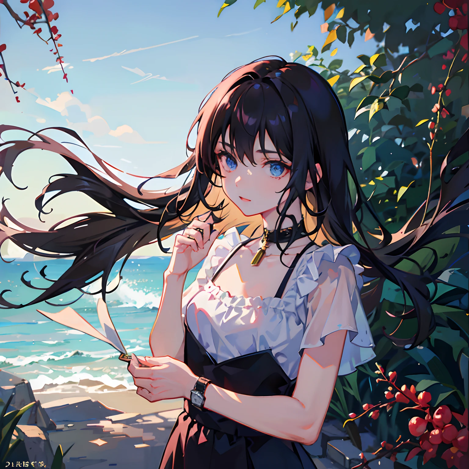 1boy，By bangs，berries，Black hair，Black shirt，eBlue eyes，Hair between both eyes，jewely，leafs，looking at viewert，malefocus，choker necklace，独奏，Wrist watch，White pants，Wrist watch，Messy hair, Trends on ArtStation, 8K分辨率, The is very detailed, anatomically correcte, Sharp Images, digitial painting, concept-art, Popular trends on pixiv, Makoto Shinkai's style,