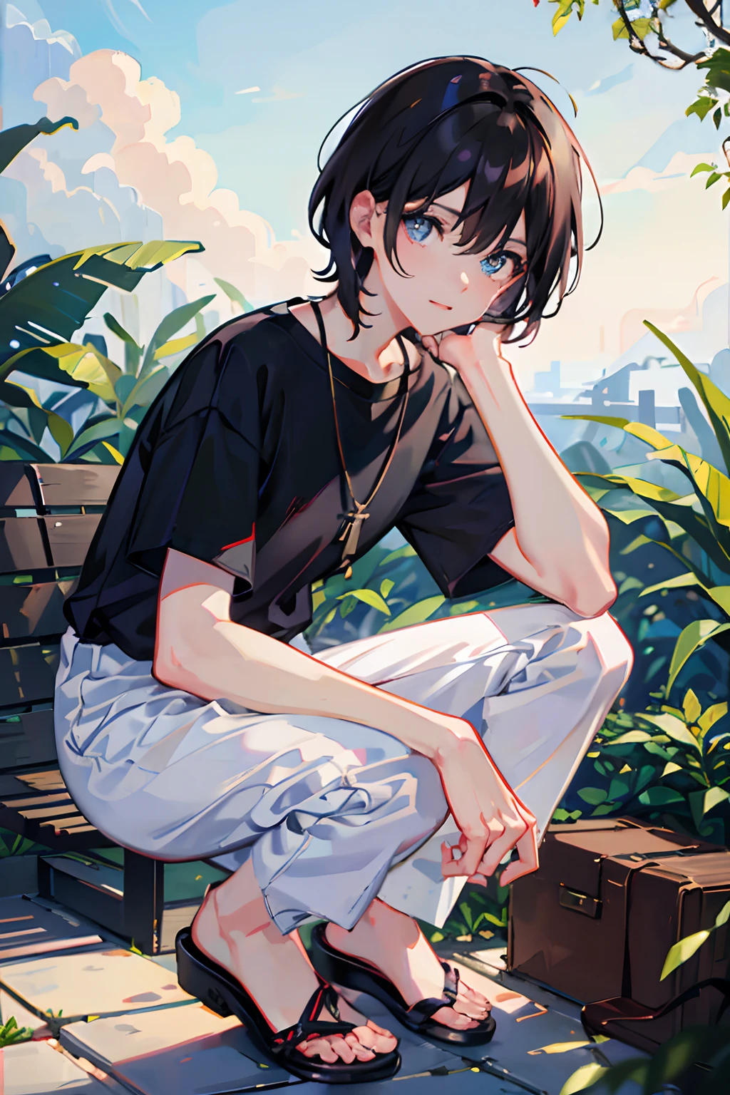 1boy, bangs, berries, black hair, black shirt, blue eyes, hair between eyes, jewelry, leaves, looking at the audience, male focus, necklace, pants, shirt, solo, watch, white pants, watch, messy hair, trends on artstation, 8k resolution, very detailed, anatomically correct, clear images, digital painting, concept art, fashion trends on pixiv, Makoto Shinkai's style,
