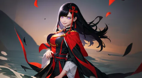 yamashiro768, (black hair, long hair, purple eyes:1.4), hair ornament, a woman with long black hair standing in front of a body of water, a character portrait, by Yang J, pixiv contest winner, black and red silk clothing, 8k high quality, wearing simple ro...