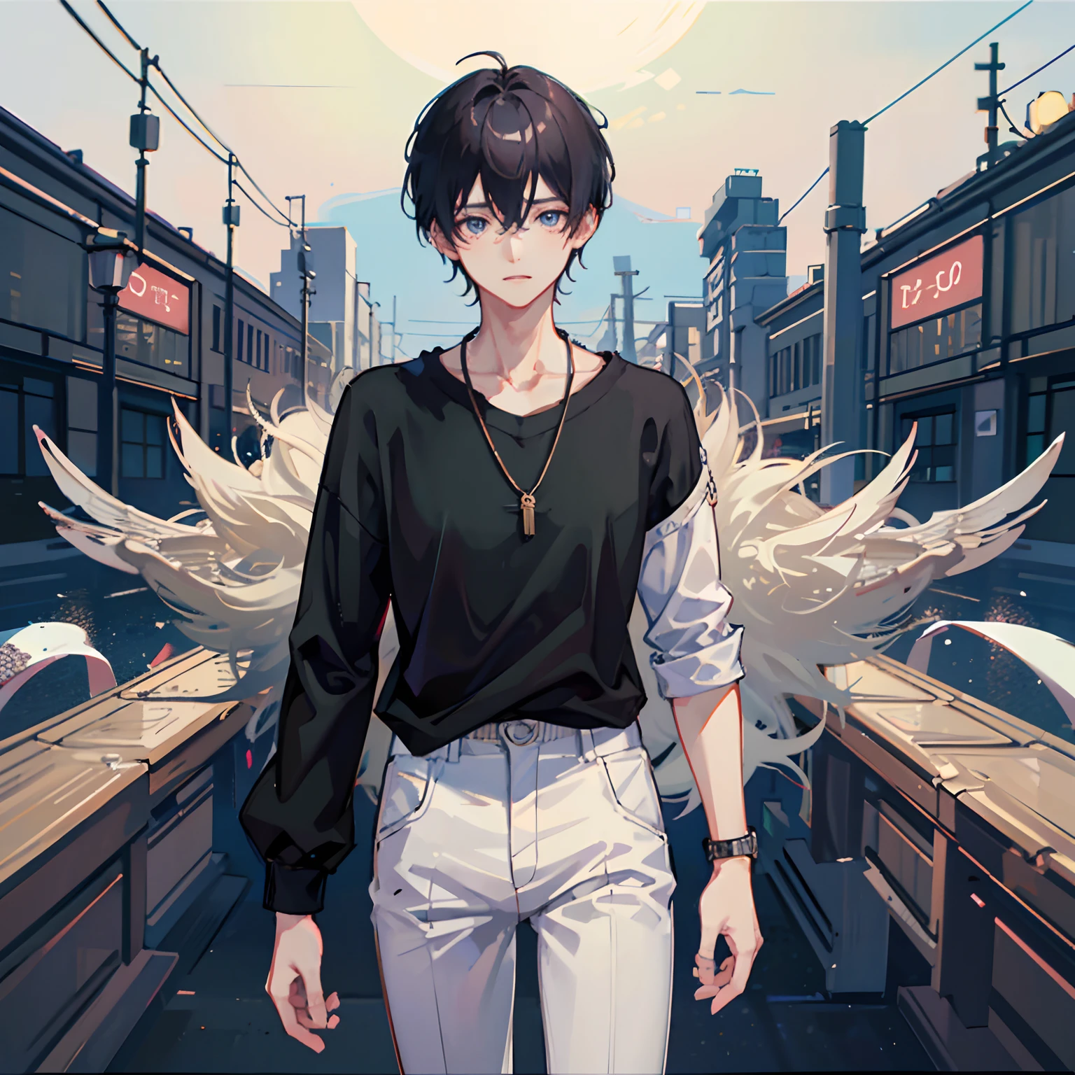 1boy, bangs, berries, black hair, black shirt, blue eyes, hair between eyes, jewelry, leaves, looking at the audience, male focus, necklace, pants, shirt, solo, watch, white pants, watch, messy hair, trends on artstation, 8k resolution, very detailed, anatomically correct, clear images, digital painting, concept art, fashion trends on pixiv, Makoto Shinkai's style,