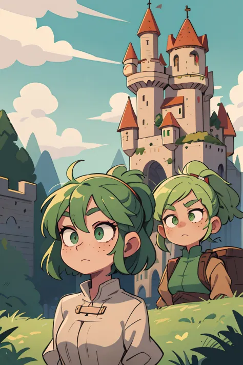 disheveled green hair, green eyes, freckles back, it must be a huge castle and clouds, well, the middle ages