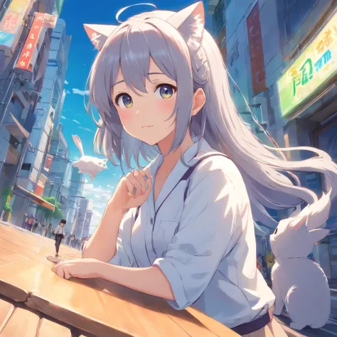 Anime girl with long gray hair and a white shirt with a cat on her head, cute anime face, Soft anime illustration, extremely cute anime girl face, small curvaceous loli, Cute anime girl, Anime moe art style, cute anime girl portraits, Pixiv style, white ha...