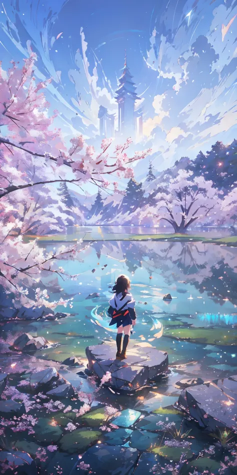 anime - style painting of a woman standing on a rock in a lake, anime beautiful peace scene, beautiful anime scene, beautiful an...