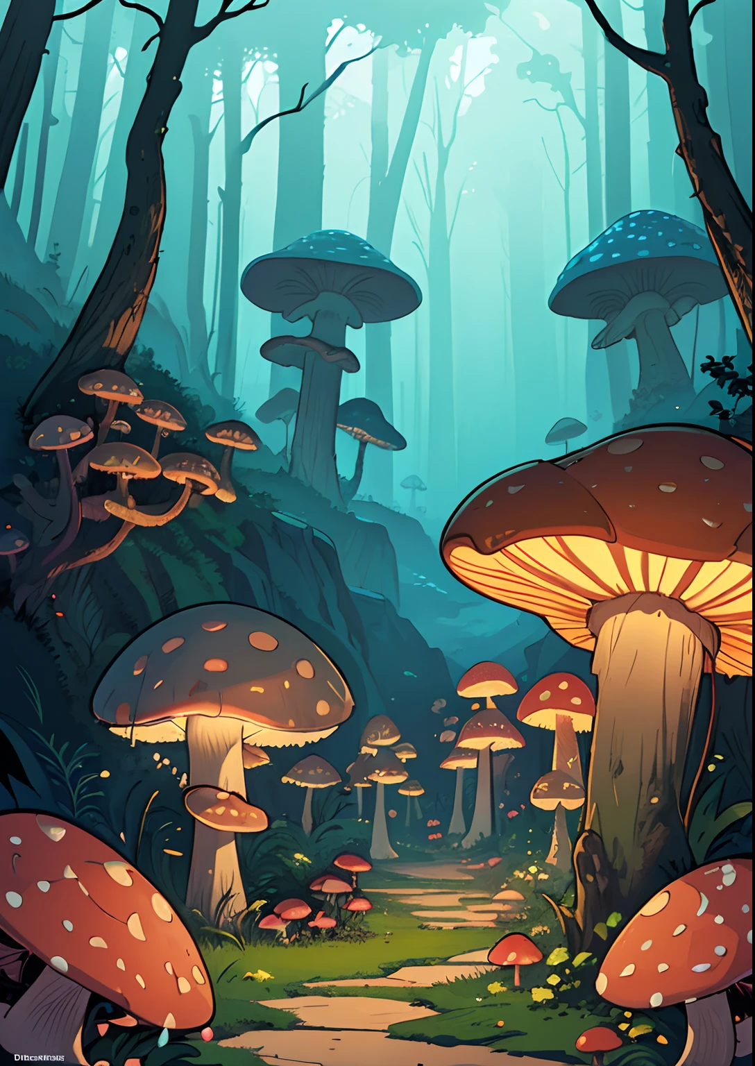 (extremely detailed, high resolution, best quality CG art inspired by Andreas Rocha's Artstation contest-winning artwork), surreal and fantastical, mushroom forest, underwater mushroom forest, enchanted forest, magical atmosphere, detailed 2D fantasy art, elfin forest background, mushroom archway, high clarity and quality.