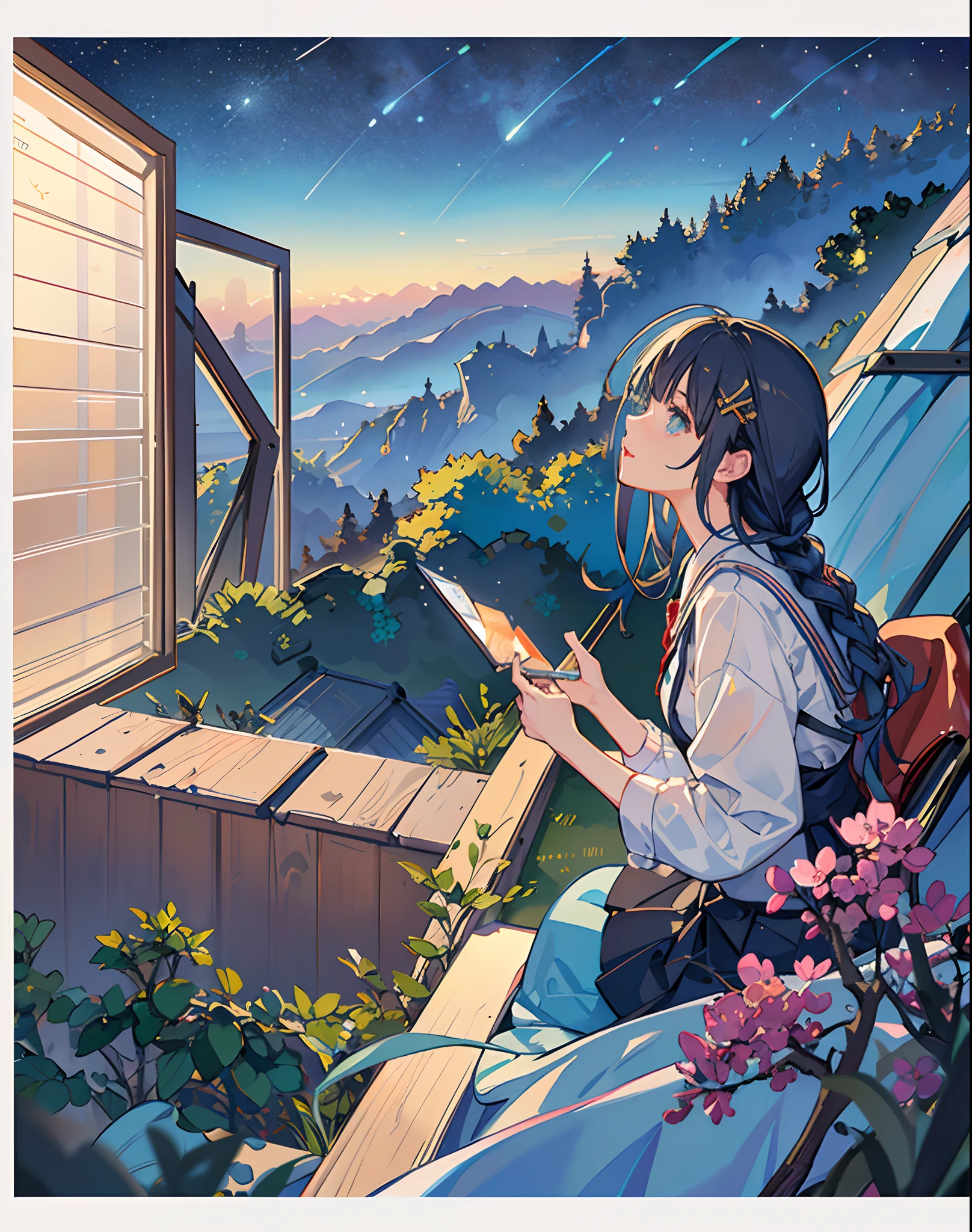 best quality, masterpiece, extremely detailed, detailed background, anime, 1girl, young girl, short girl, sci-fi, science fiction, outdoors, night, starry sky, greenhouse, megastructure, bio-dome, landscape, scenery, horizon, rooftop, sitting on rooftop, wind, looking away, atmospheric lighting, solo focus, close up, from side, depth of field, bokeh