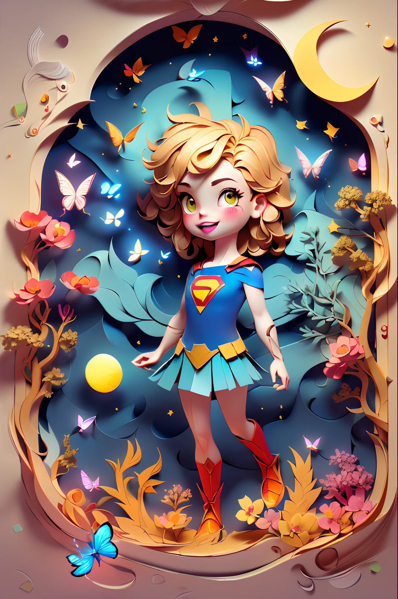 ((((Masterpiece))), Best quality, Illustrations, Beautiful details glow,
Three-dimensional paper carving art,Supergirl ,Facial details clearly visible, tree, Moon, Butterfly,