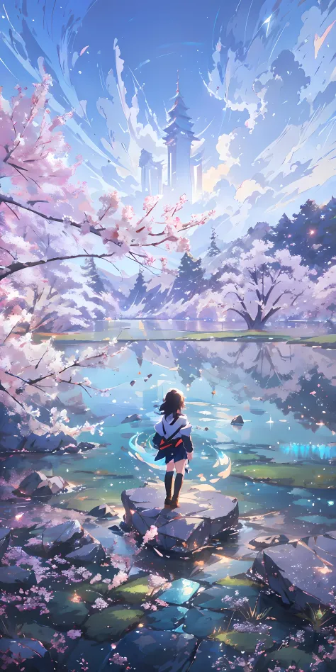 anime - style painting of a woman standing on a rock in a lake, anime beautiful peace scene, beautiful anime scene, beautiful an...