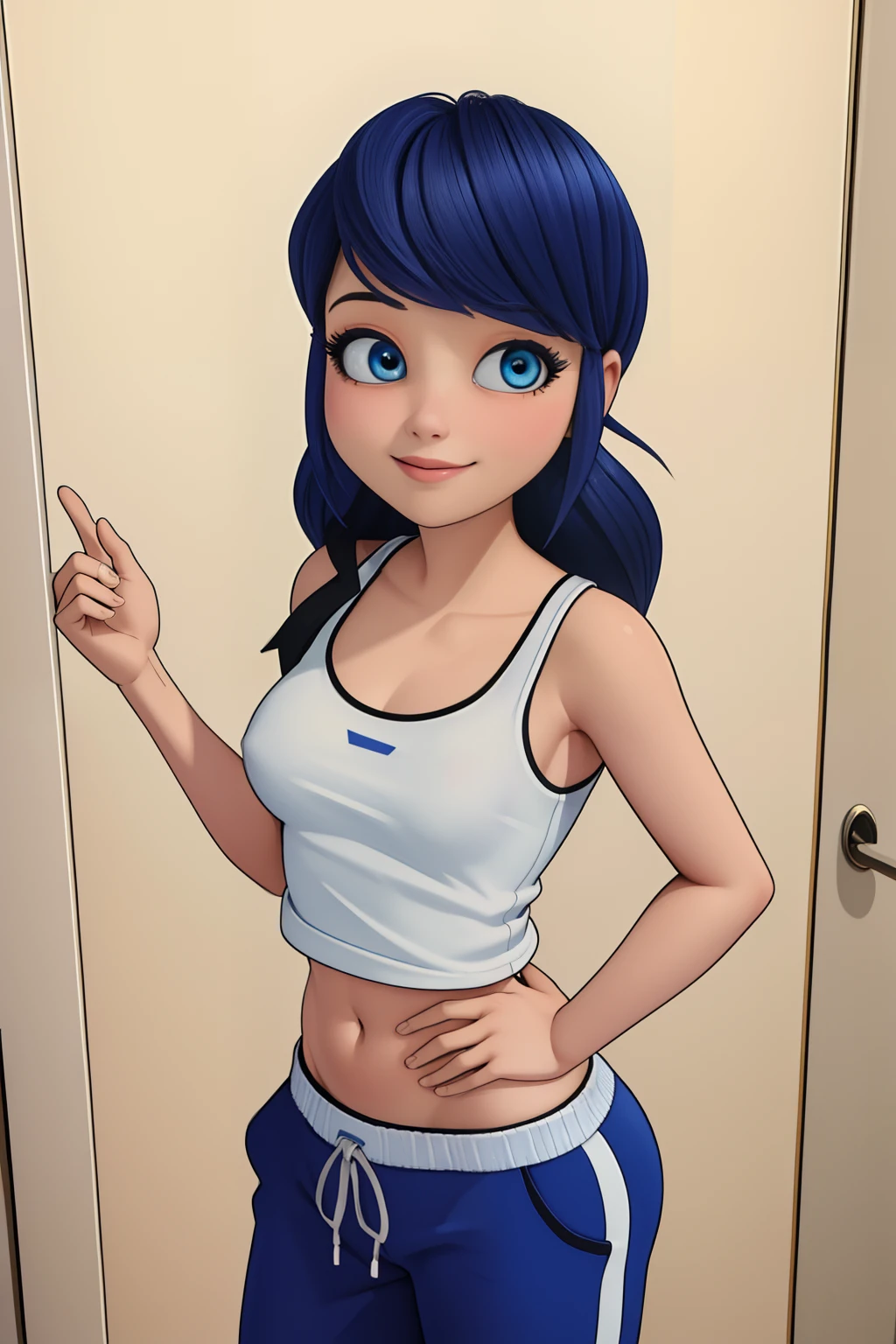 (8k, RAW photo, best quality, masterpiece:1.2), (intricate details), perfect eyes, perfect face, perfect lighting, beautiful, (masterpiece:1.2), (best quality:1.2), 1girl, solo, marinette, blue hair, long hair down, adult torso, 17 years old, slight smile, medium sized breasts, white sleeveless shirt, pink sweatpants, backside view