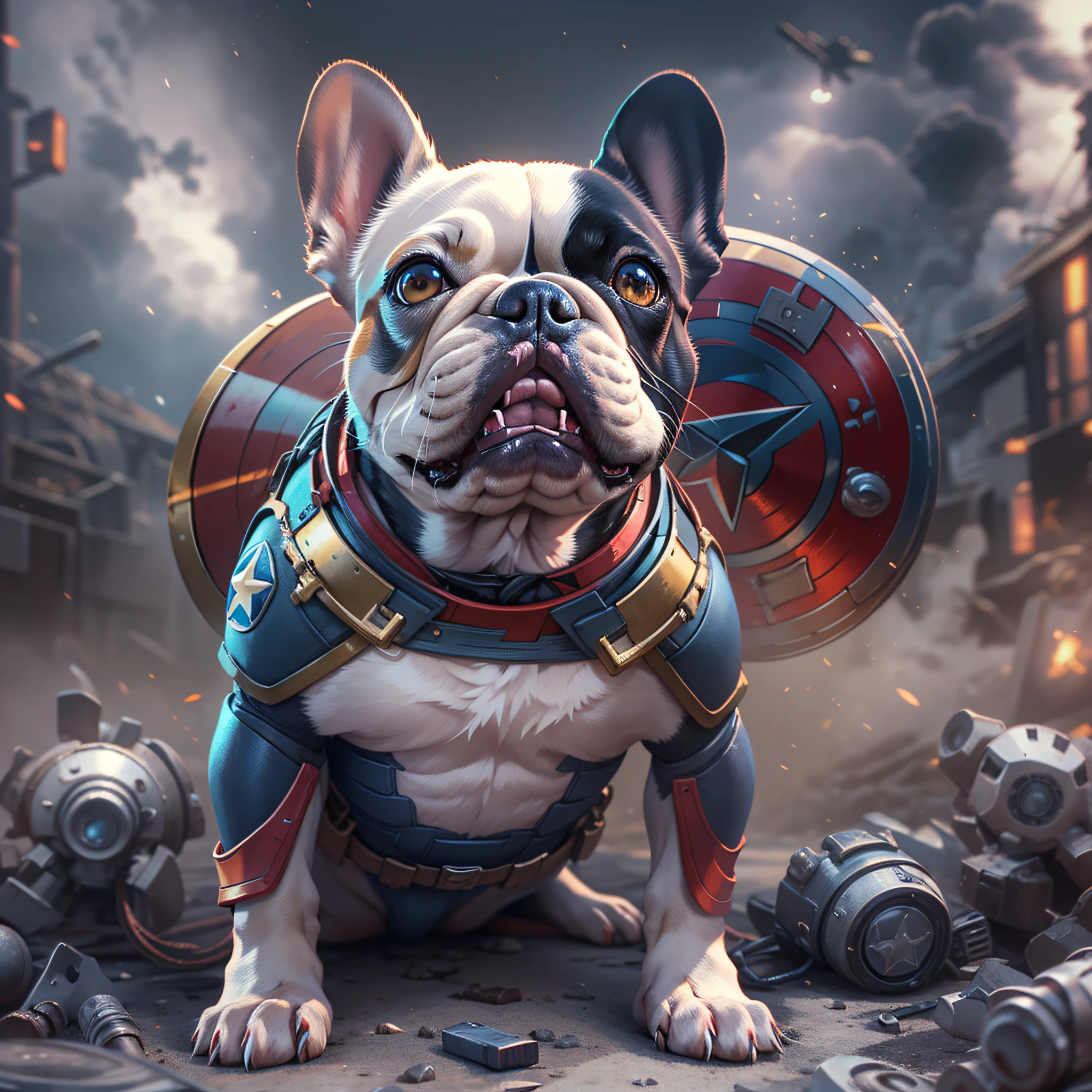 french bulldog, captain america, Clear mecha planet background, Stereoscopic effect, 3D rendered, (Beste Illustration), (super detailed CG), digital painting, Eyes of the Milky Way, Ultra-Definition, --ios 120, Meticulous expression, HDR, extremely high details, Unreal-Engine, rich colors, octane rendering, 8k