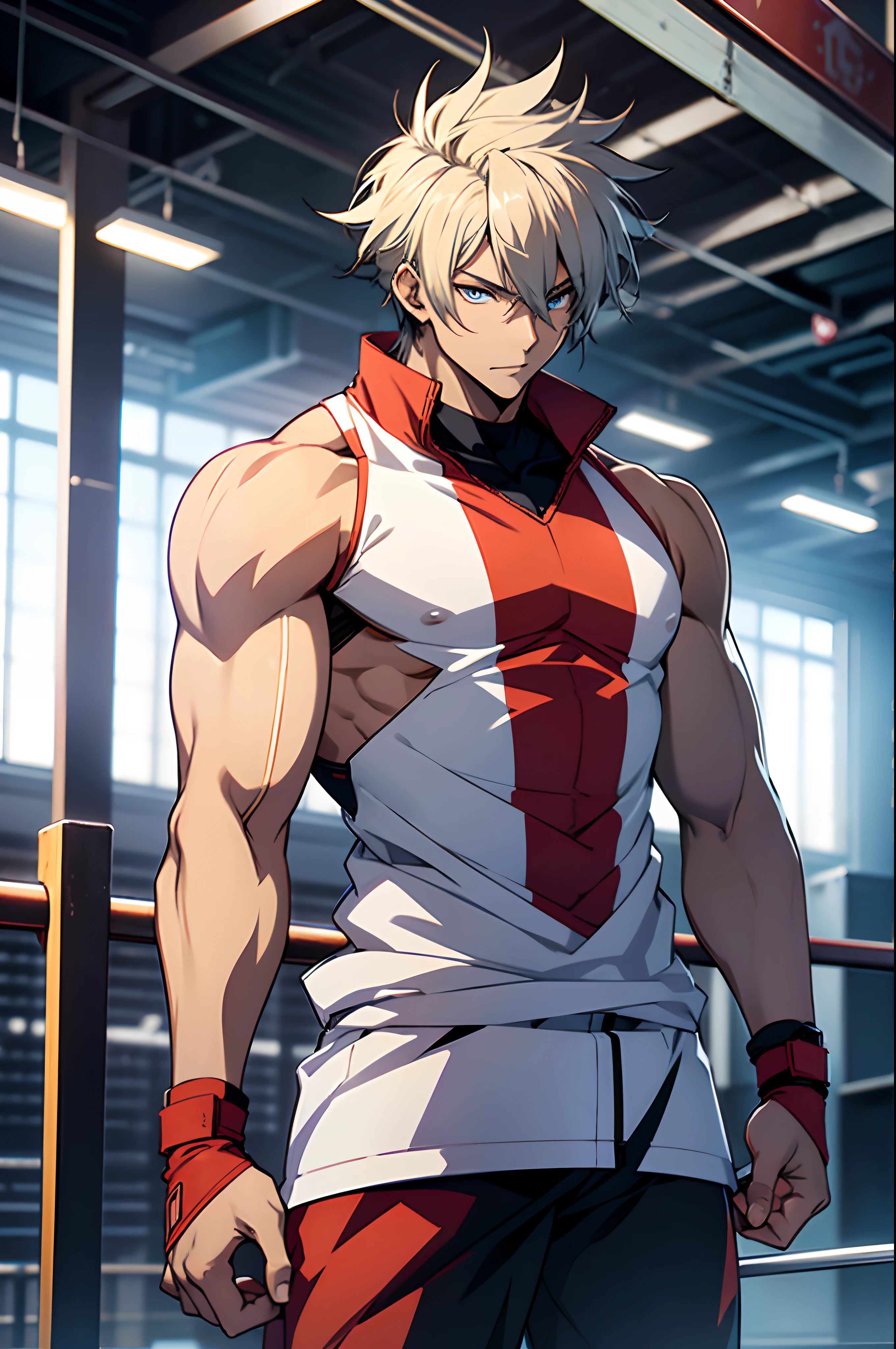 Anime character with blonde hair and red and white outfit standing in a  boxing ring - SeaArt AI