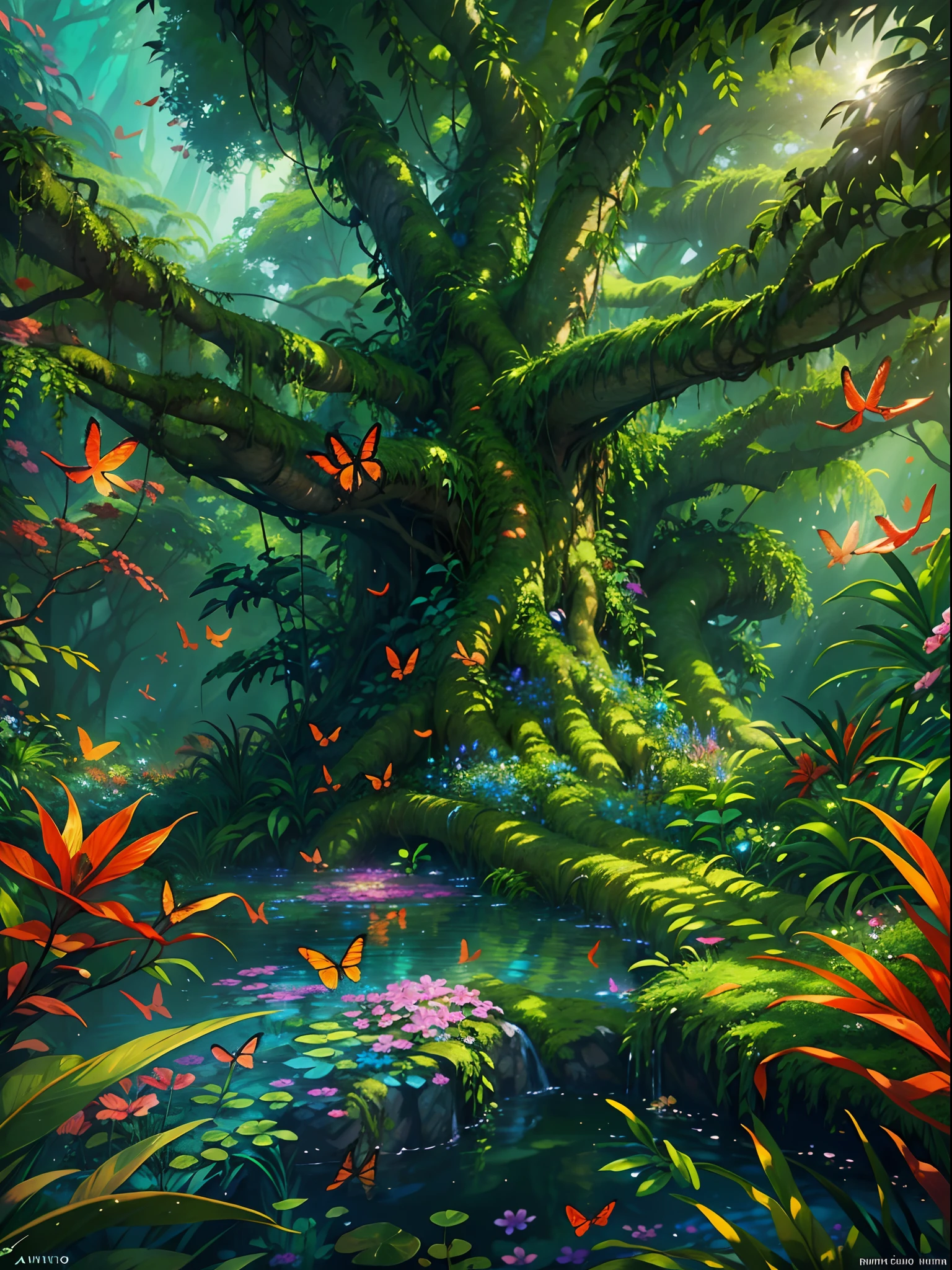 (最好的品質,4k,8K,高解析度,傑作:1.2),超詳細,(實際的,photo實際的,photo-實際的:1.37),奇幻叢林,巨大的,古树浮现,树从水中长出来,巨大的热带树叶,部分浸沒在水中,神秘,迷人的氣氛,閃爍的陽光,半透明的水,豐富多彩的 red and blue tree with vibrant,異國情調的樹葉,鬱鬱蔥蔥,熱帶植被,色彩鲜艳的花朵,蝴蝶在周圍翩翩起舞,豐富多彩的 parrots perched on branches,鬱鬱蔥蔥,充满活力的绿色苔藓覆盖着树干,雄偉,摇曳的藤蔓悬挂在树枝上,空靈的,充滿霧氣的空氣,水下灯光照射下的漂浮小水母,水面微妙的反射,飘落的树叶激起的涟漪,和平與安寧,隐藏在树叶间的生物,斑驳的阳光透过树冠照射进来,神奇,夢幻般的風景,喚起一種驚奇和敬畏的感覺,豐富多彩的,超凡脫俗的動植物群,令人惊叹又超现实,逃离到神秘的境界,邀请观众探索并沉醉于其美丽之中