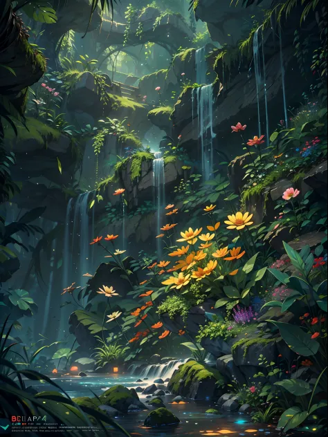 A jungle that covered mostly by water,full of floating flowers, colorful tree and flower, glowing jelly fishes, BREAK,Detailed,R...