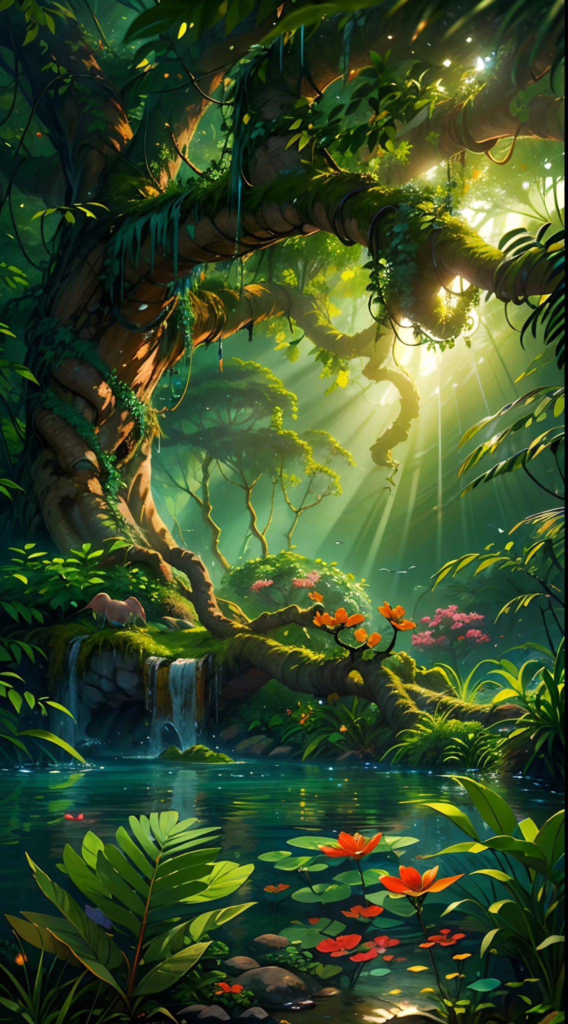 (best quality,4k,8k,highres,masterpiece:1.2),ultra-detailed,(realistic,photorealistic,photo-realistic:1.37),fantasy jungle,giant,ancient tree emerges,tree grows from water,gigantic tropical leaves,partly submerged in water,mysterious,enchanted atmosphere,shimmering sunlight,translucent water,colorful red and blue tree with vibrant,exotic foliage,lush,tropical vegetation,brilliantly colored flowers,butterflies fluttering around,colorful parrots perched on branches,lush,vibrant green moss covering tree trunks,majestic,swaying vines hanging from tree branches,ethereal,mist-filled air,small floating jellyfish illuminated by underwater light,subtle reflection on the water surface,gentle ripples created by floating leaves,peaceful and serene,hidden creatures peeking through the foliage,dappled light filtering through the tree canopy,magical,dreamlike scenery,evokes a sense of wonder and awe,colorful,otherworldly flora and fauna,breathtaking and surreal,an escape into a mystical realm,invites viewers to explore and get lost in its beauty