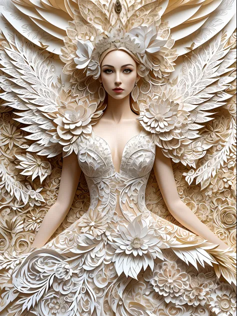 （（（arte em papel cortado，Flat paper cutout。）））There is a picture of a woman in a paper wedding dress, paper modeling art, paper art, made of paper, karol bak uhd, layered paper art, detailed dress and face, Goddess. Extremely high detail, Very detailed wom...