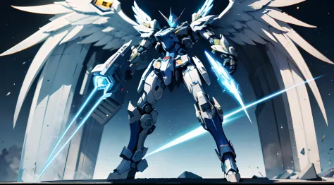 Blue mech（It has a golden sheen），It is equipped with an electromagnetic cannon and a laser laser gun，Holding a magic crystal tomahawk。Has three pairs of wings，The whole body is covered with nanocomposite armor。
