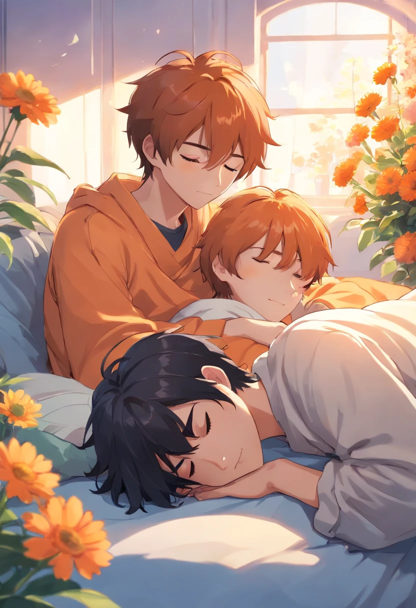 Anime couple laying in bed with flowers and window in background - SeaArt AI