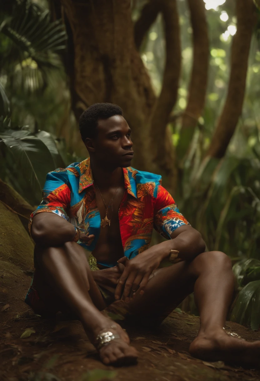 um menino de cinco anos de idade, black man with the shirt of Brazil in the middle of the forest sitting with his legs entwined and with his hand on a jaguar