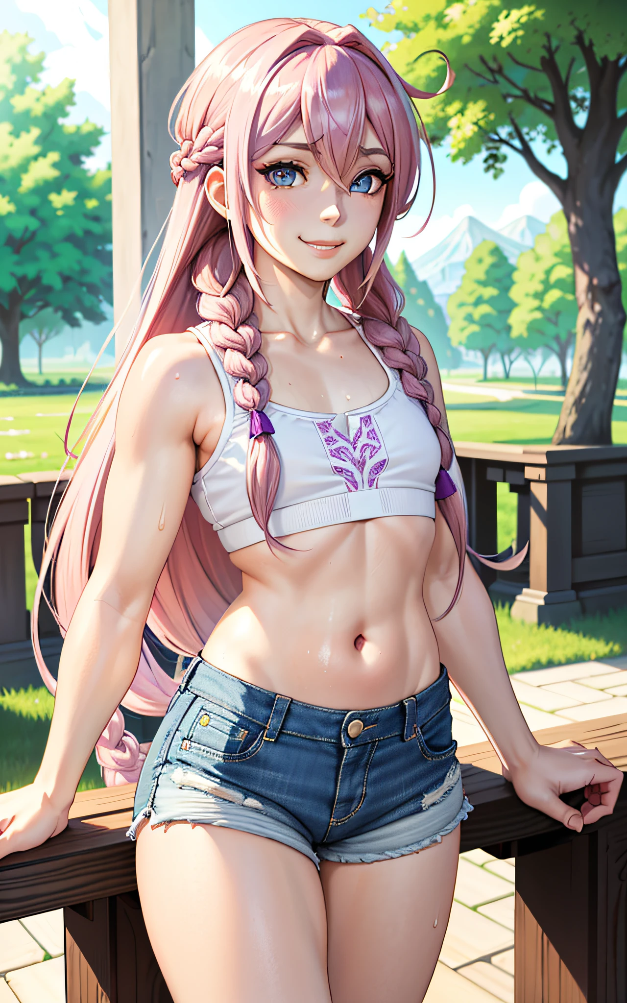 (astolfo fate grand order):1.3), ((purple eyes, detailed eyes, pink hair, braid, long braid, white details on bangs, smile), ((detailed clothes, jean shorts, short shorts, crop top, midriff, sweat)), bulge in pants, outdoors, (france medieval, fantasy), ((illustration)), (mature male, feminine male, femboy), (((masterpiece))), (realistic:0.7), best quality,femboy, otoko no ko, feminine male, 1woman, solo, mature otoko no ko, ((flat chest)), BetterHands