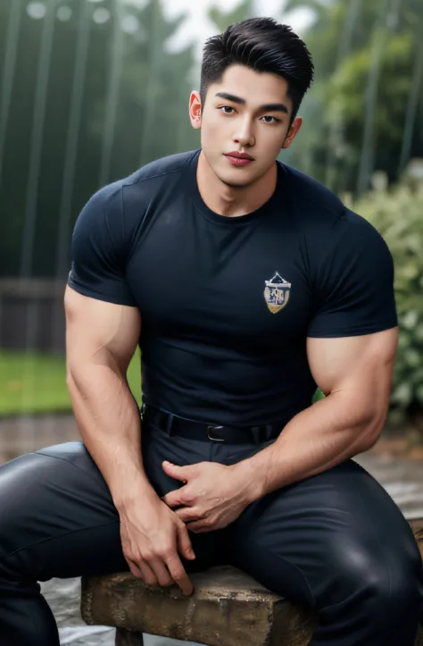 20-year-old boy ,Korean male officer ,Thin mustache...,handsome ,Wear a dark navy short-sleeved shirt..........., Dark navy trousers, Black boots and dark navy gloves.,sit on the ground , His legs spread apart............................, Police Logo ,tigh...