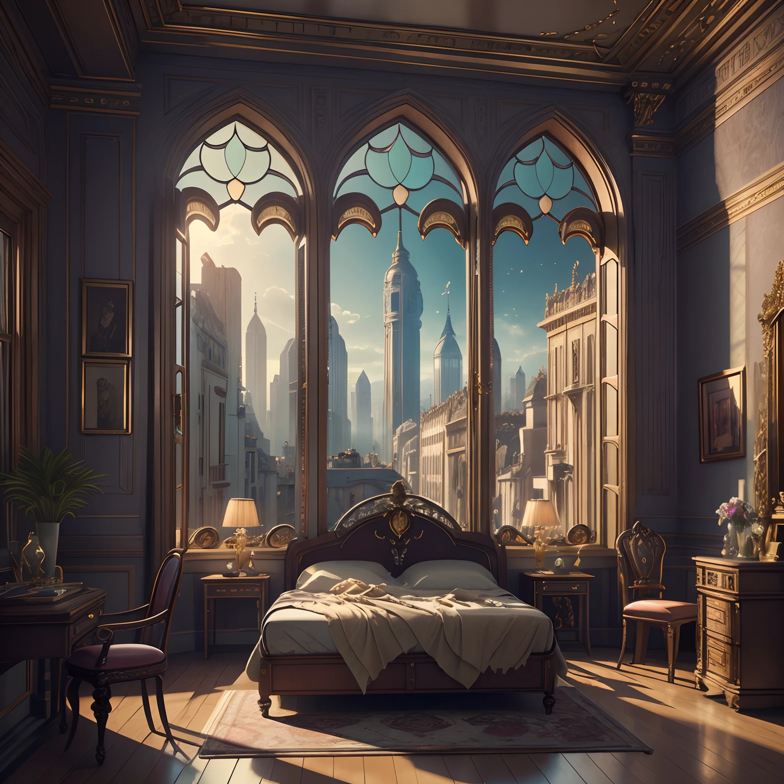 (((Generate an ornate bedroom in the style of Versailles with a big historical window.))) A hyperrealistic cyberpunk dreamscape cityscape is in the window. The cityscape is extremely detailed with many lights and LED neon colors and buildings of many different sizes. The cityscape has all colors of the rainbow and has hires interesting flying steampunk dirigibles. ((The cityscape is colorful.)) A giant steampunk standalone clock is seen ((through the window)). It is peaceful in the bedroom. The entire artwork is very realistic with many small details and enhancements. 3D render beeple, artstation and beeple highly, in fantasy sci-fi city, inspired by beeple, 8k, unreal engine unity CGI. Masterpiece and popular. Add many fantastical and beautiful details and nuances. (stained glass)