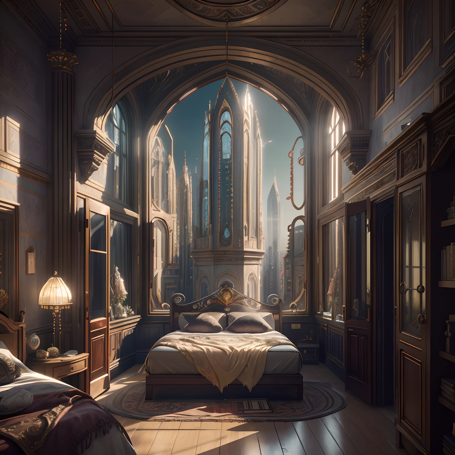 (((Generate an ornate bedroom in the style of Versailles with a big historical window.))) A hyperrealistic cyberpunk dreamscape cityscape is in the window. The cityscape is extremely detailed with many lights and LED neon colors and buildings of many different sizes. The cityscape has all colors of the rainbow and has hires interesting flying steampunk dirigibles. ((The cityscape is colorful.)) A giant steampunk standalone clock is seen ((through the window)). It is peaceful in the bedroom. The entire artwork is very realistic with many small details and enhancements. 3D render beeple, artstation and beeple highly, in fantasy sci-fi city, inspired by beeple, 8k, unreal engine unity CGI. Masterpiece and popular. Add many fantastical and beautiful details and nuances. (stained glass)