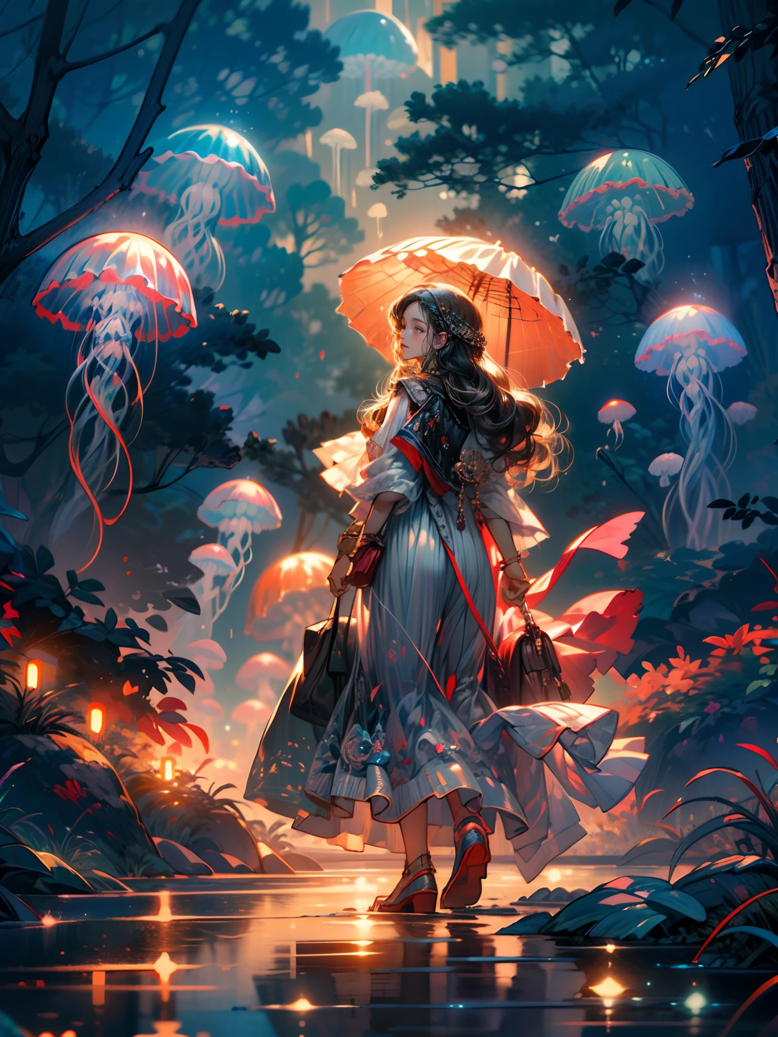 Blue - pink jellyfish,(jellyfishforest:1.4), 1girl, mushroom, dress, long hair, scenery, white dress, solo, nature, water, wading, outdoors, tree, standing, black hair, fantasy, forest