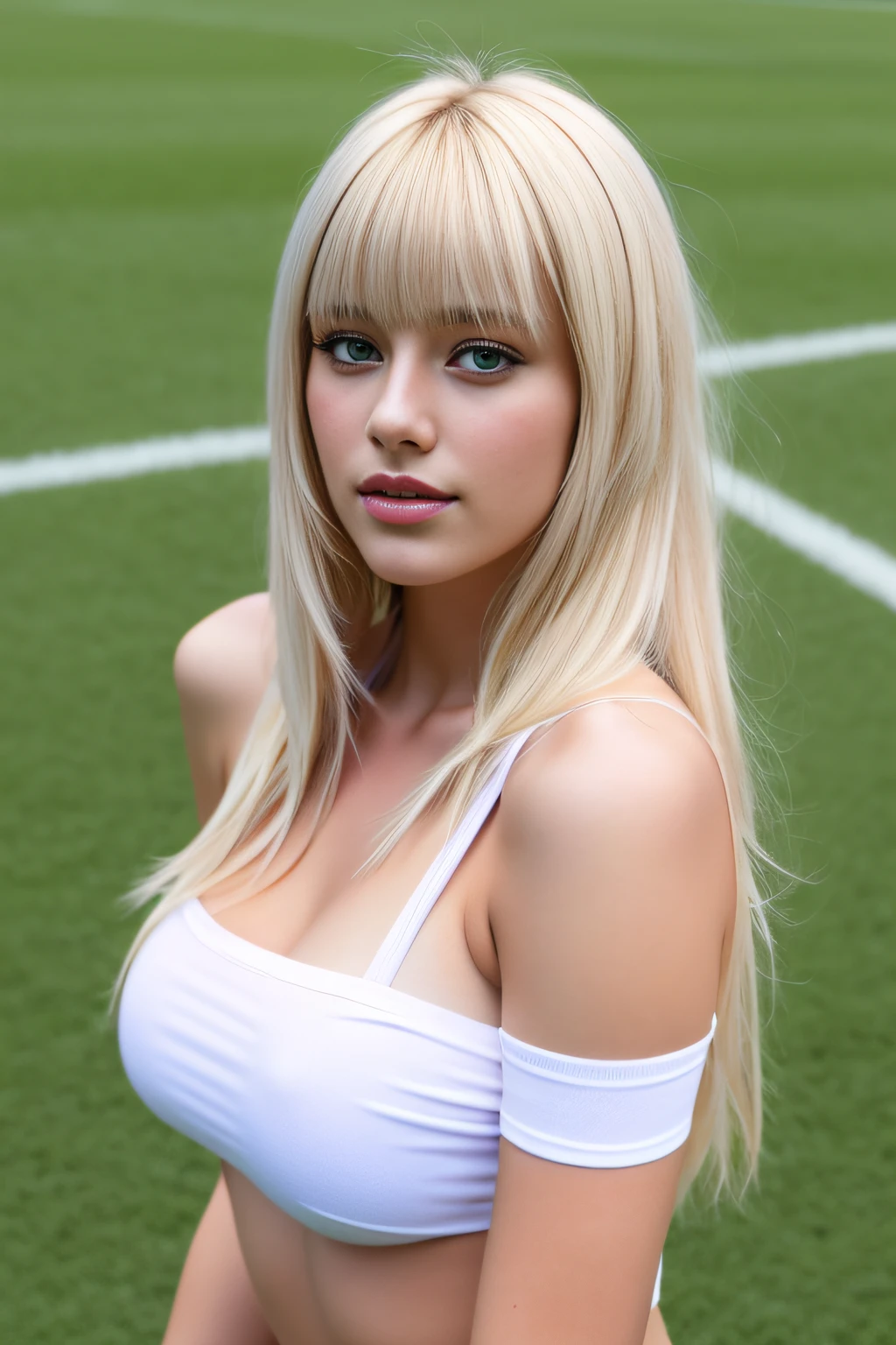 Blonde woman in white top posing on a soccer field - SeaArt AI