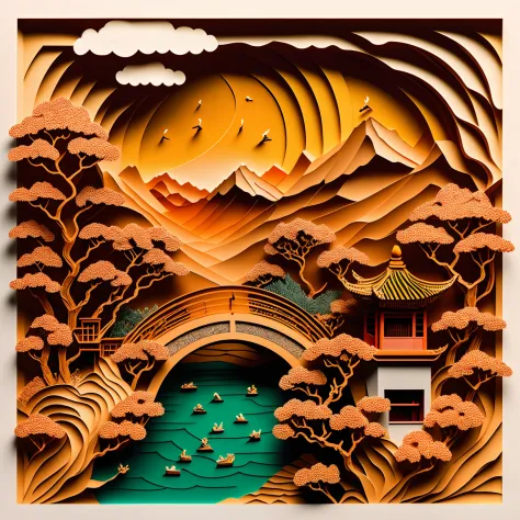 Close-up, paper cut out, Charming Chinese garden scenery, Villas，gardens,courtyard，jetty，mountain water, Sea of clouds, Sharp fo...