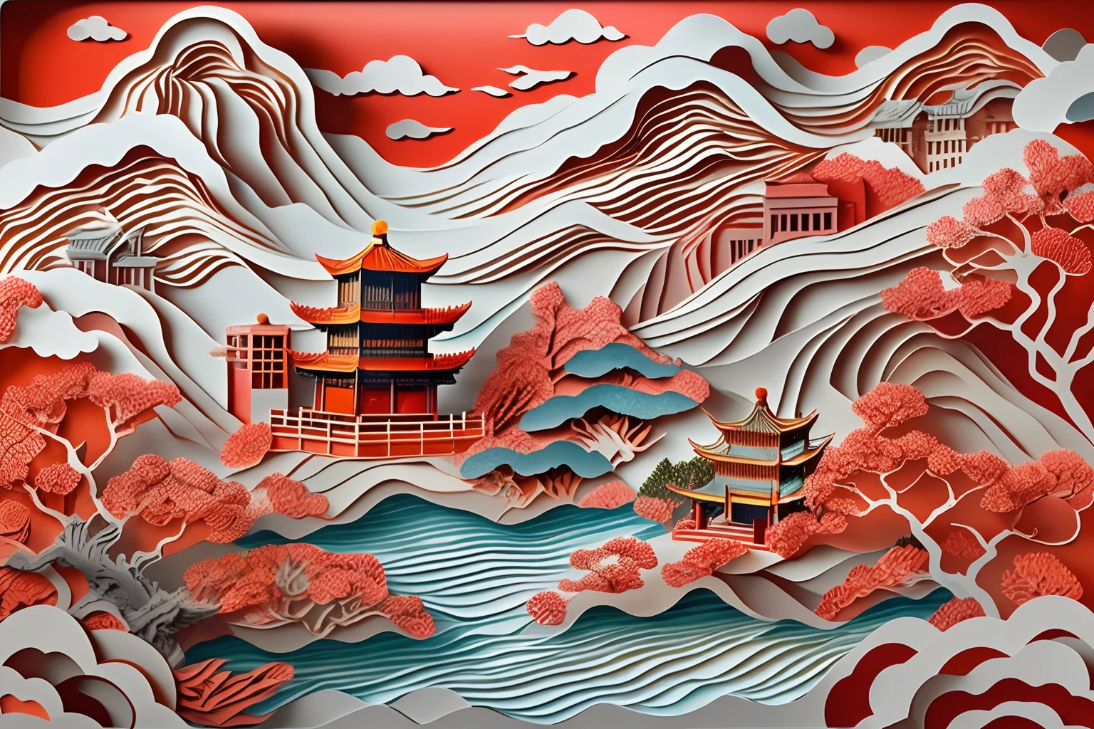 Papier ausgeschnitten，Chinese Garden，Bergwasser，Wolkenmeer，16k, beste Qualität, Meisterwerk, UHD-Auflösung, Sinnvolle Zusammensetzung