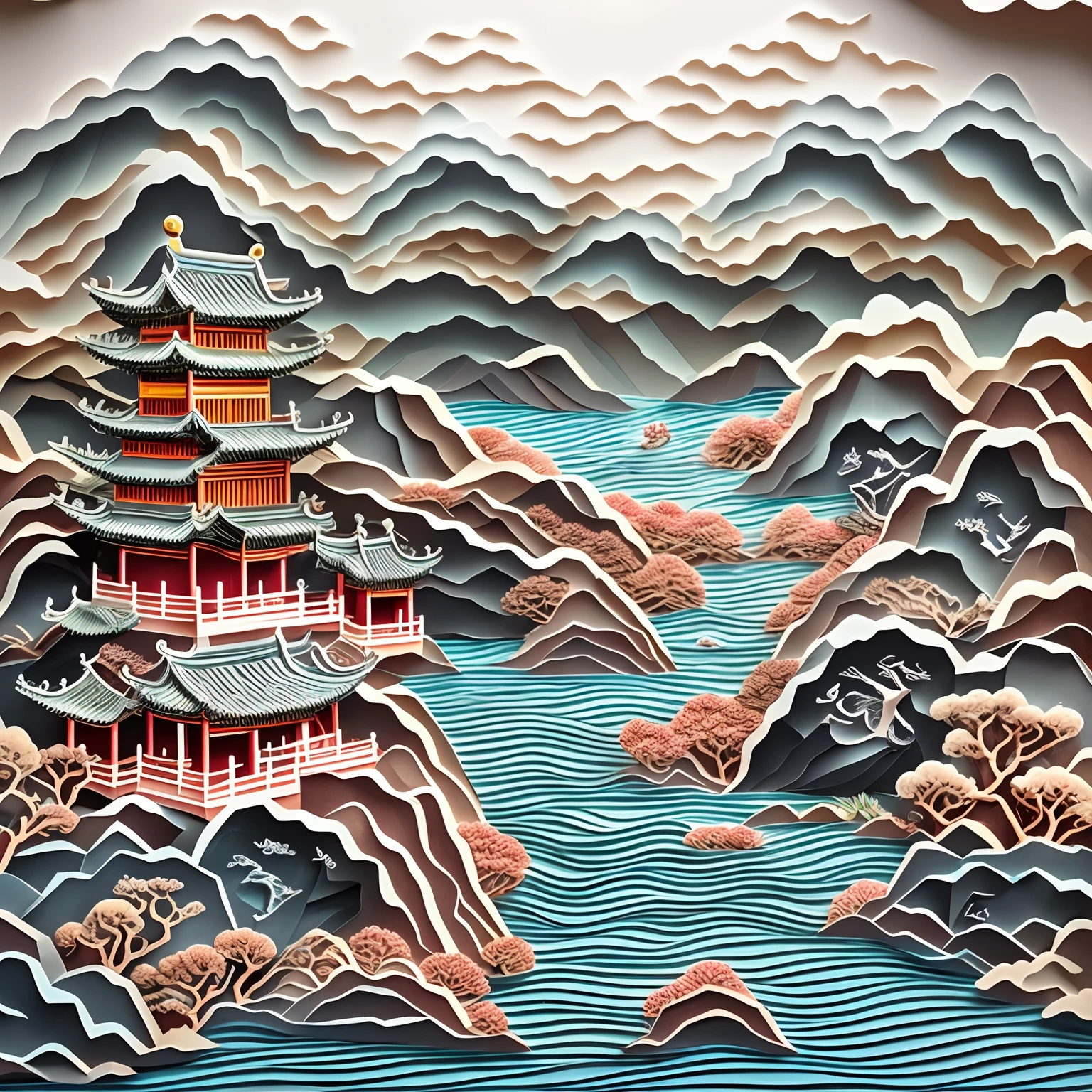 Papier ausgeschnitten，Chinese Garden，Bergwasser，Wolkenmeer，16k, beste Qualität, Meisterwerk, UHD-Auflösung, Sinnvolle Zusammensetzung