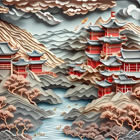 paper cut out，Chinese garden，mountain water，Sea of clouds，16k, Best quality, Masterpiece, UHD resolution, Reasonable composition