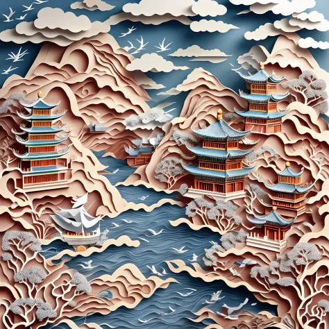 paper cut out，Chinese architecture，gardens，mountain water，Sea of clouds，16k, Best quality, Masterpiece, UHD resolution, Reasonab...