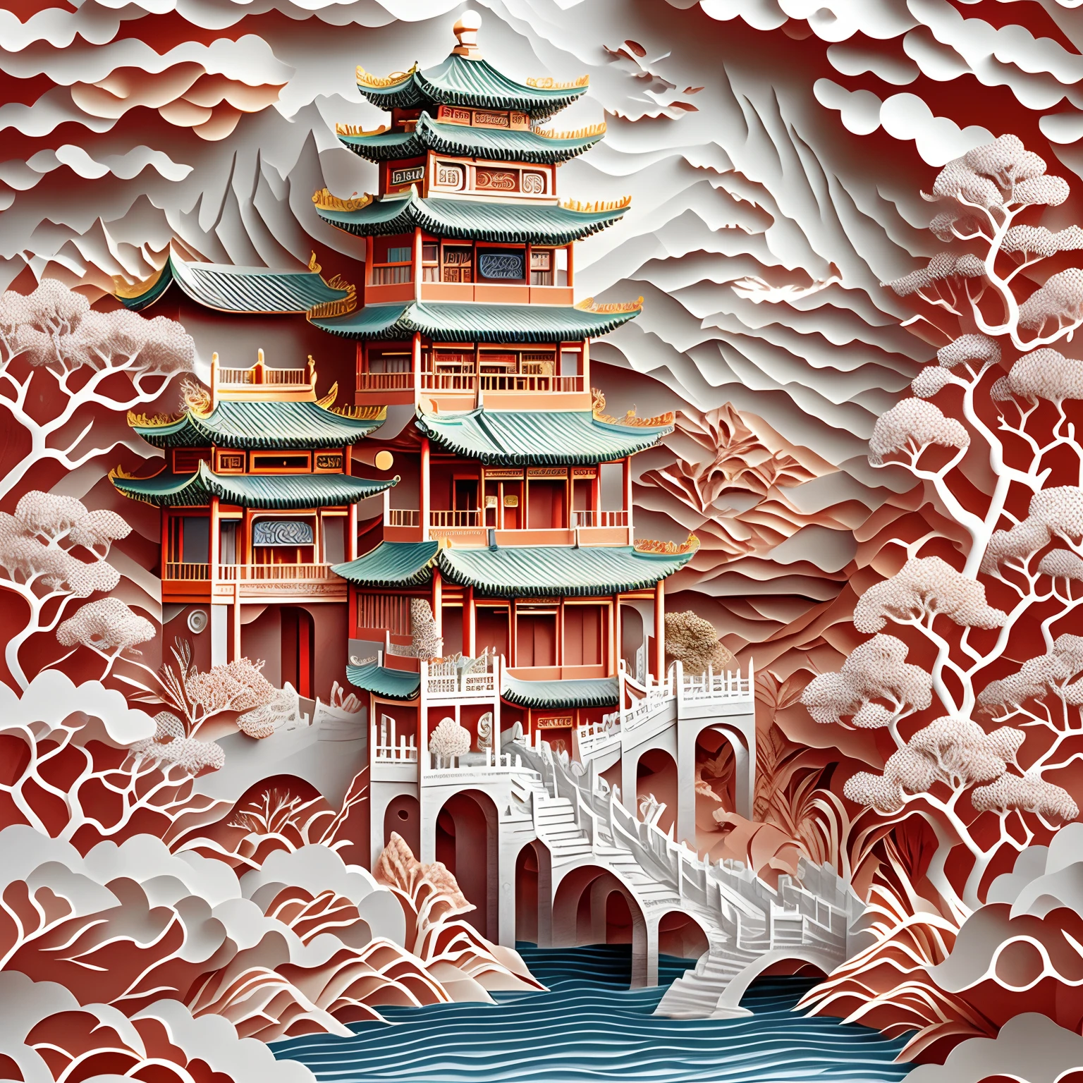 paper cut out，Chinese architecture，gardens，mountain water，Sea of clouds，16K, Best quality, Masterpiece, UHD resolution, Reasonable composition