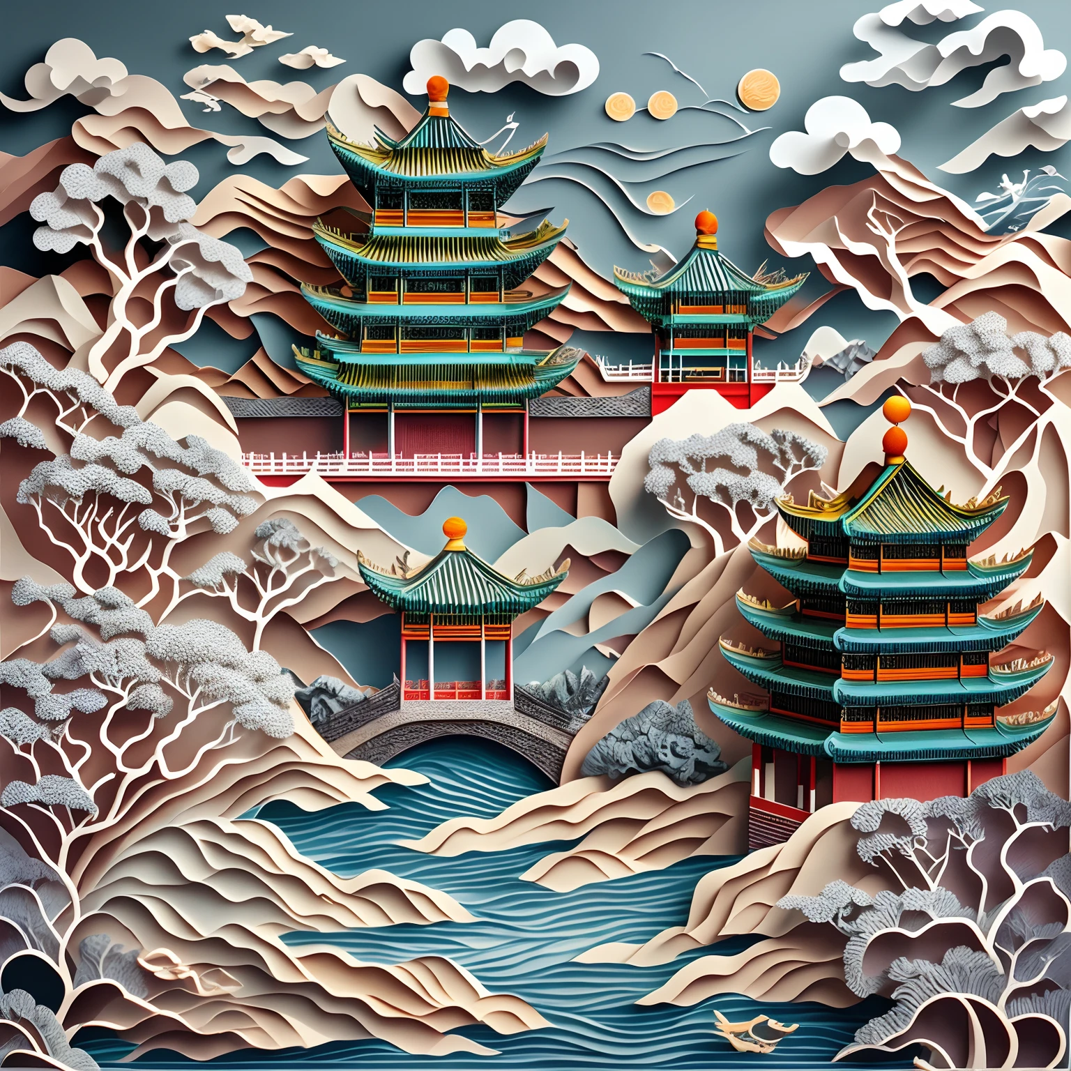 paper cut out，Chinese architecture，gardens，mountain water，Sea of clouds，16K, Best quality, Masterpiece, UHD resolution, Reasonable composition