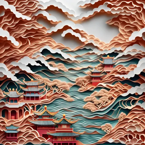 paper cut out，Chinese architecture，gardens，mountain water，Sea of clouds