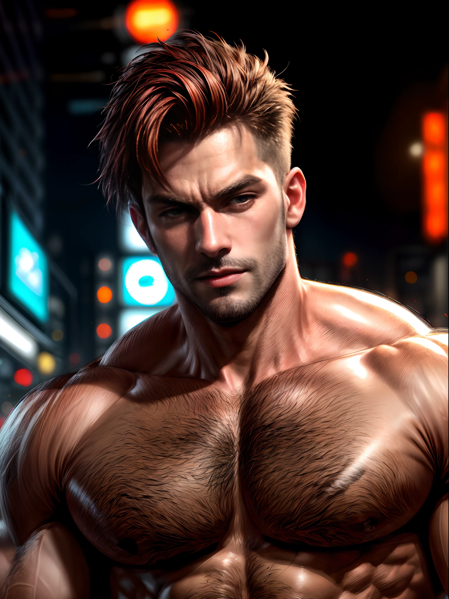 masterpiece, best quality, high resolution, closeup portrait, male focus, solo focus, muscular, burly, hairy, male, (no shirt: 1.2), A handsome man, red hair, in a cyberpunk city, neon lights, blurred background, scruffy face, arrogant smirk, amazing composition, front view, HDR, volumetric lighting, ultra quality, elegant, highly detailed